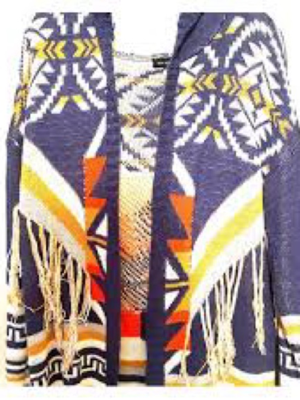 Blu Pepper Navy Cardigan with Yellow & Orange Geometric Print and Fringe